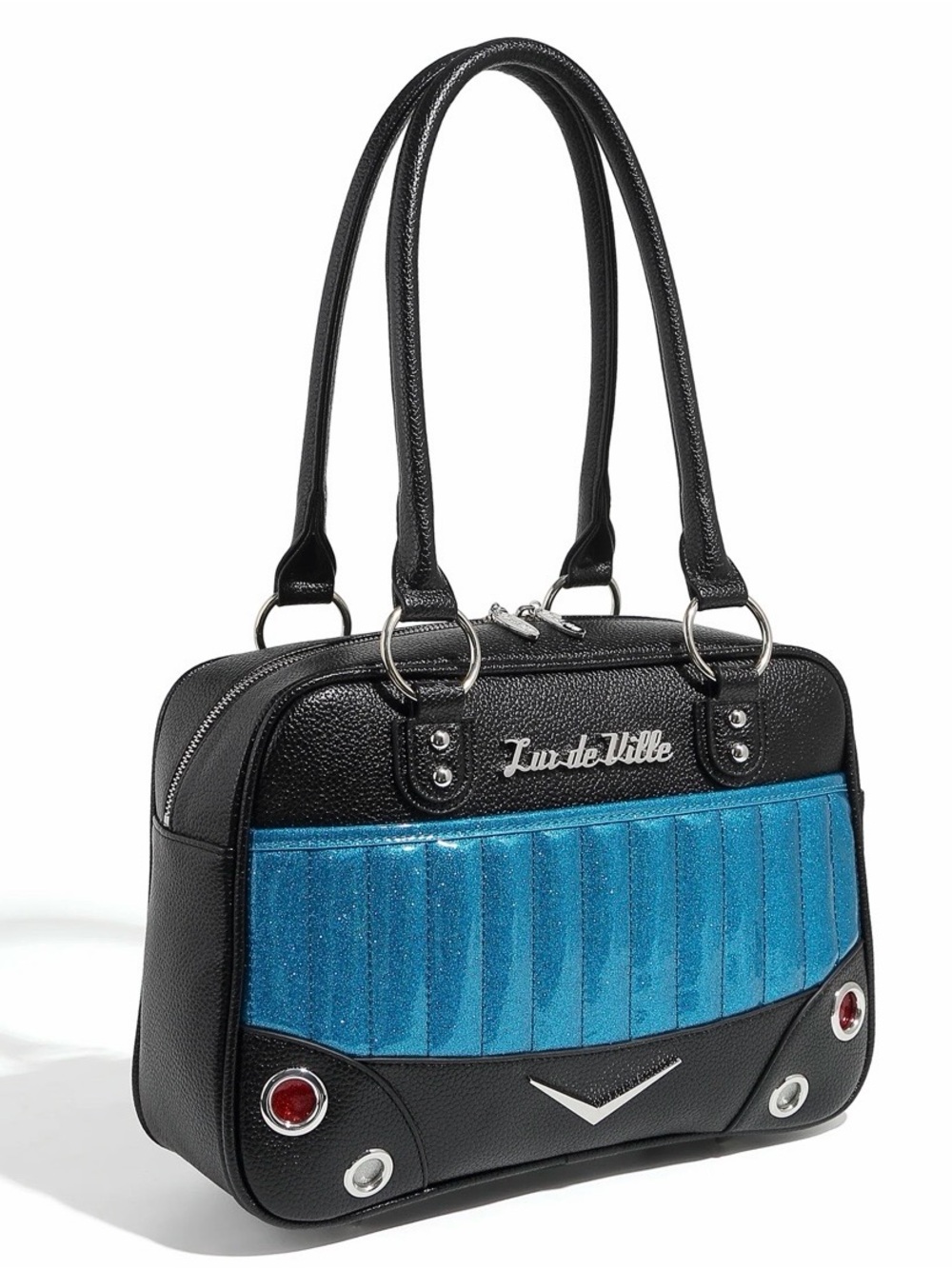 Lux de Ville Black and Metallic Blue Retro Car-Inspired Shoulder Bag